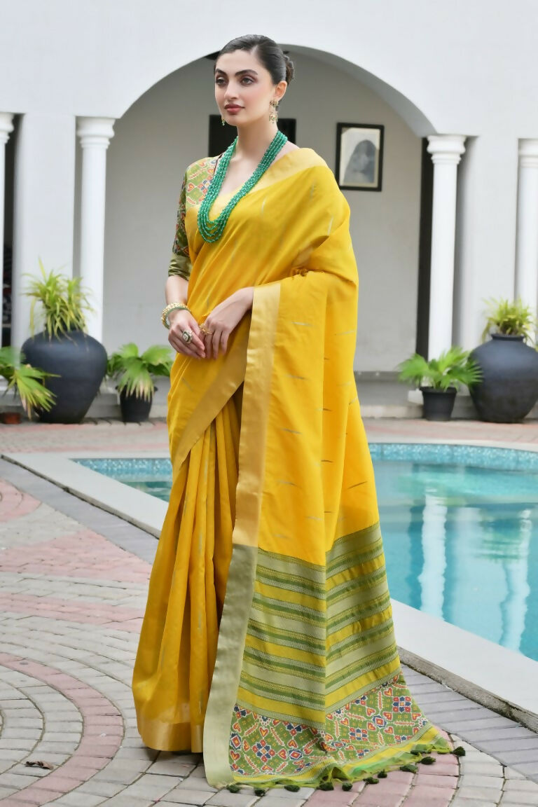 Vishnu Weaves Women's Yellow Raw Silk Patola Zari Woven Saree with Blouse