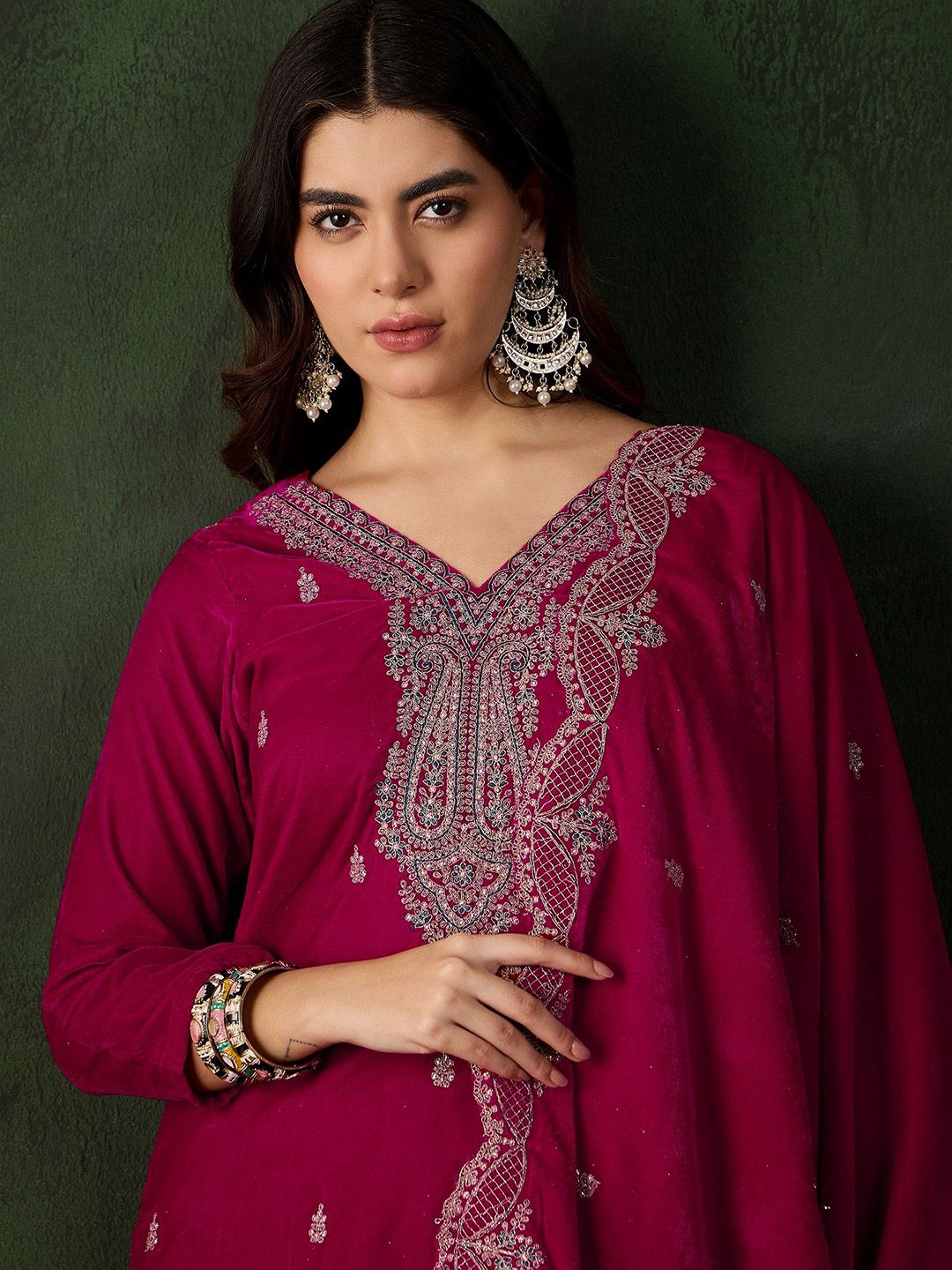 Sangria Floral Embroidered Straight Kurta & Trouser With Dupatta - Distacart