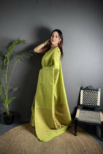 Thumbnail for Joban Fashion Light Green Banarasi Soft Lichi Silk Checks & Woven Saree