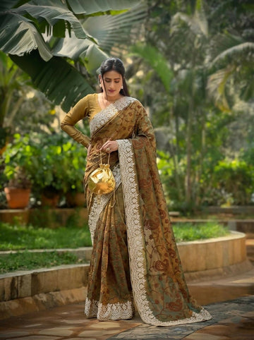 Teeya Creation New Trendy Latest Party Wear Two Tone Twill Net Saree-Gold - Dista