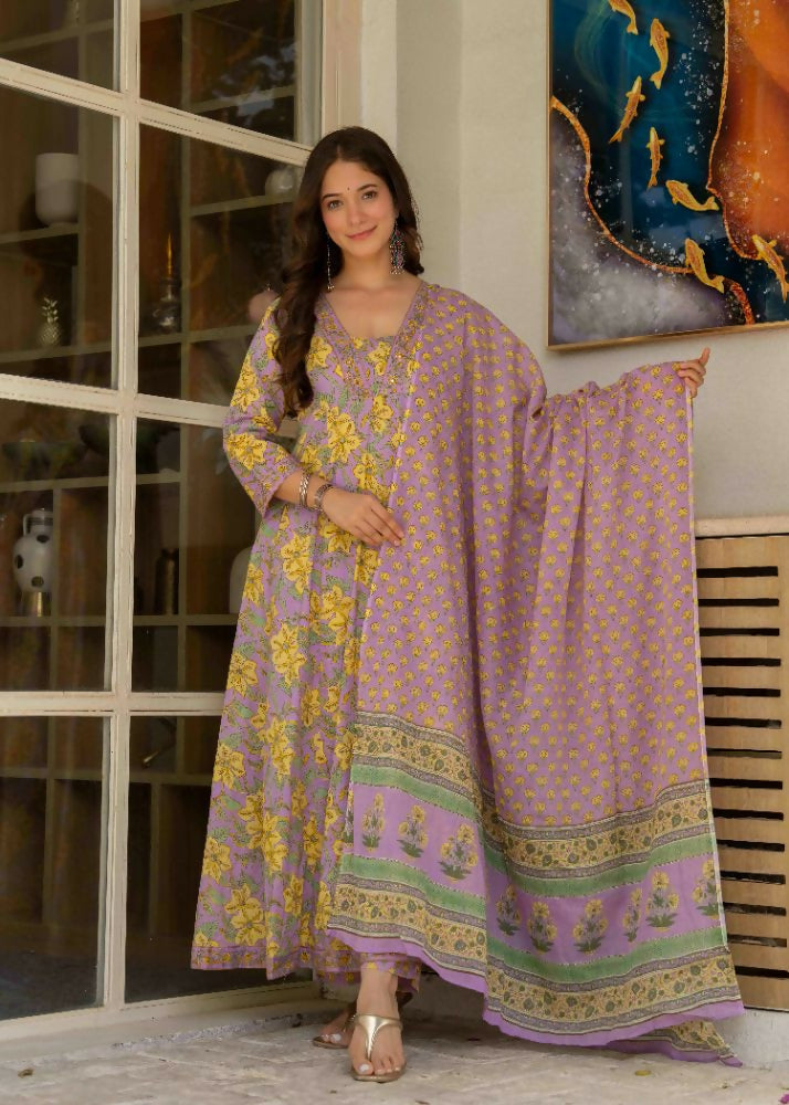 Jaimini Women Cotton Printed V-Neck 3/4 Sleeves Calf Length Flared Kurta Pant And Dupatta Set - Dista