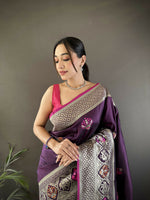 Thumbnail for Joban Fashion Wine Elephant & Floral Motifs Soft Lichi Silk Banarasi Saree - Distacart