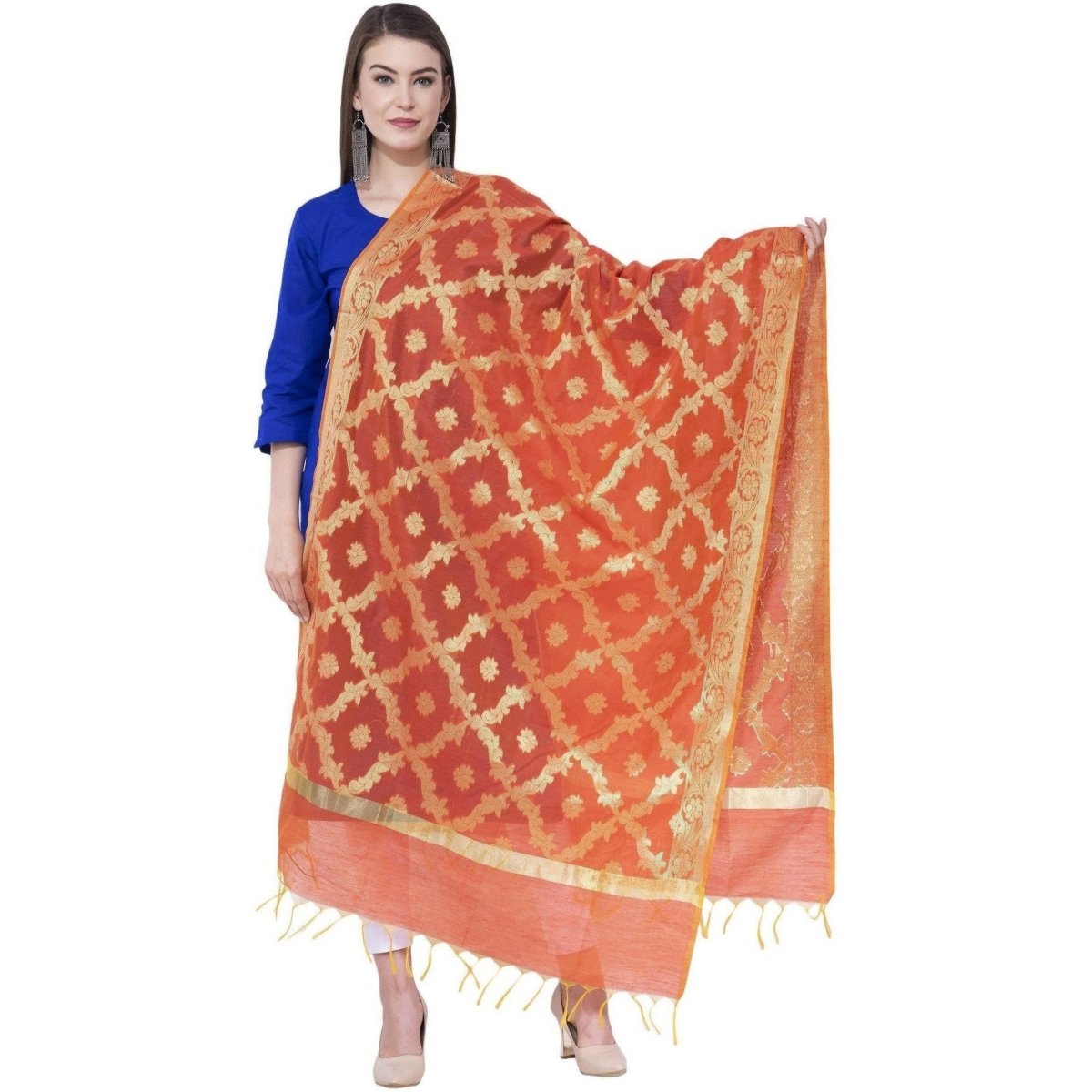 A R SILK Orange Color Vns pastle Chanderi cotton Dupattas and Chunnis