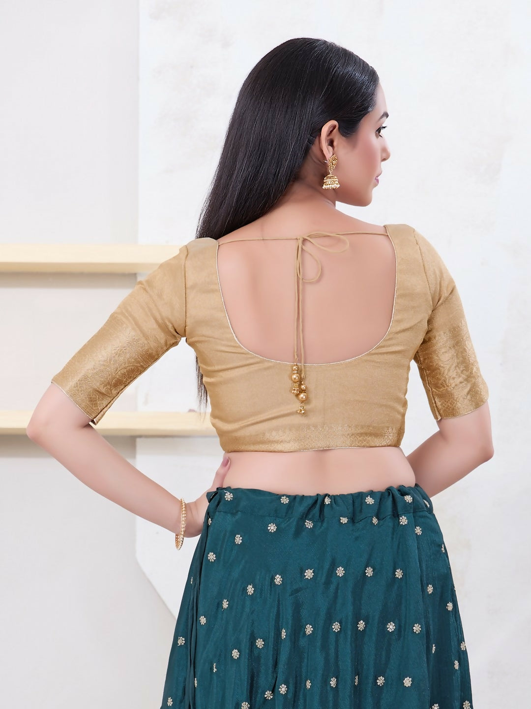 Joban Fashion Light-Gold Brocade Elbow Sleeveless Front Open Blouse