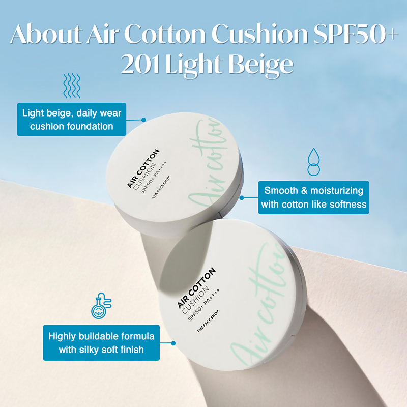 The Face Shop Air Cotton Cushion SPF 50+ PA++++ - 201 Light Beige - Distacart