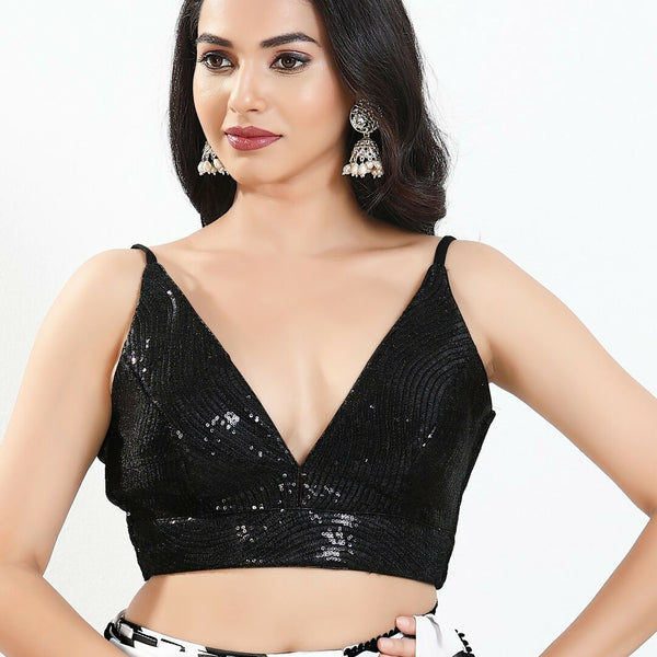 Joban Fashion Black Sequin Padded Blouse With V Neck Sleeveless - Distacart