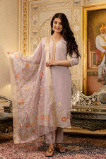 Thumbnail for The52 Lavender Women's Beautiful Viscose Shimmer Fabric Embroidered Work Straight Kurta Pant and Dupatta Set - Distacart