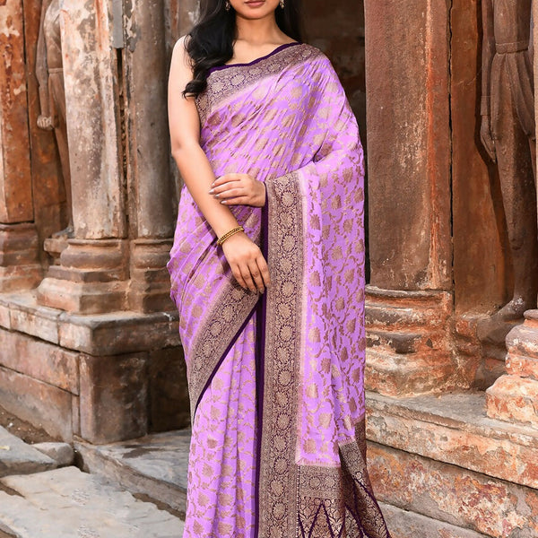 Joban Fashion Lavender Crepe Chiffon Pure Handloom Banarasi Silk Saree