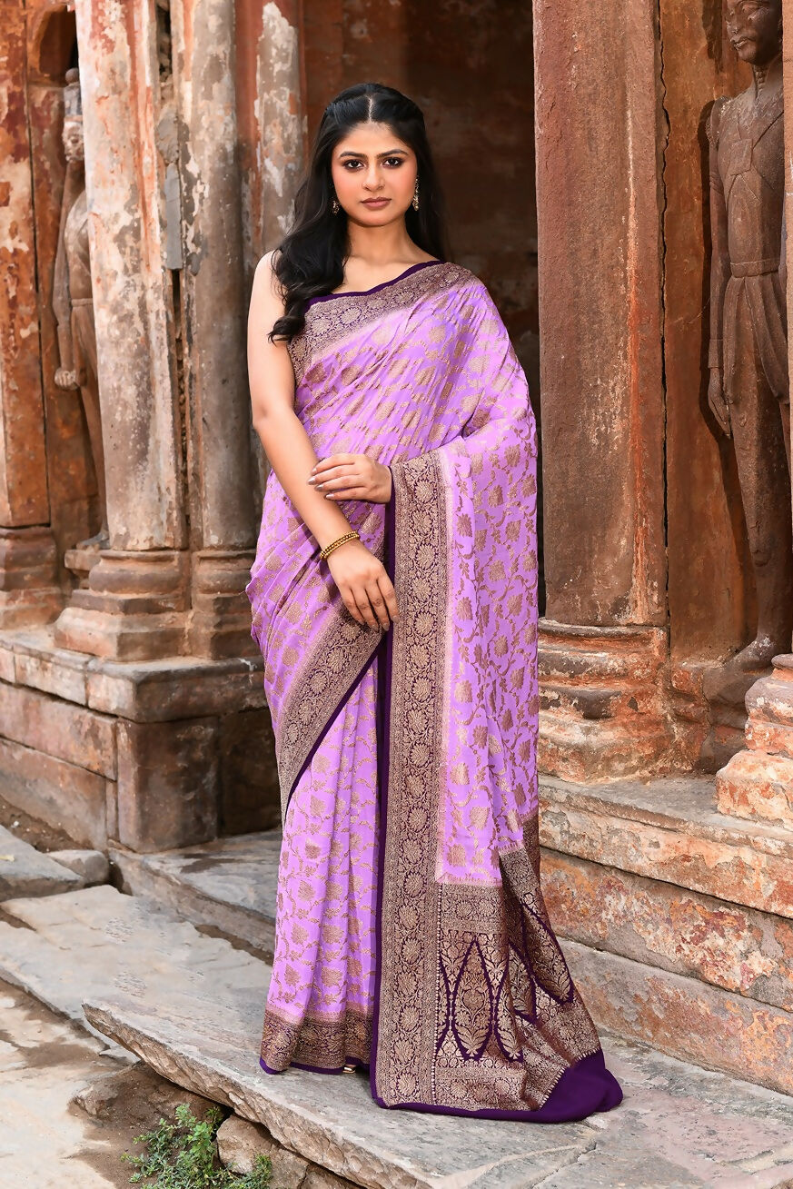 Joban Fashion Lavender Crepe Chiffon Pure Handloom Banarasi Silk Saree - Dista