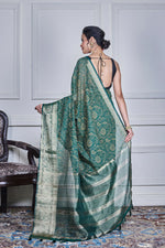 Thumbnail for Morchari Green Script Printed Orzanga Saree Unstitched Blouse