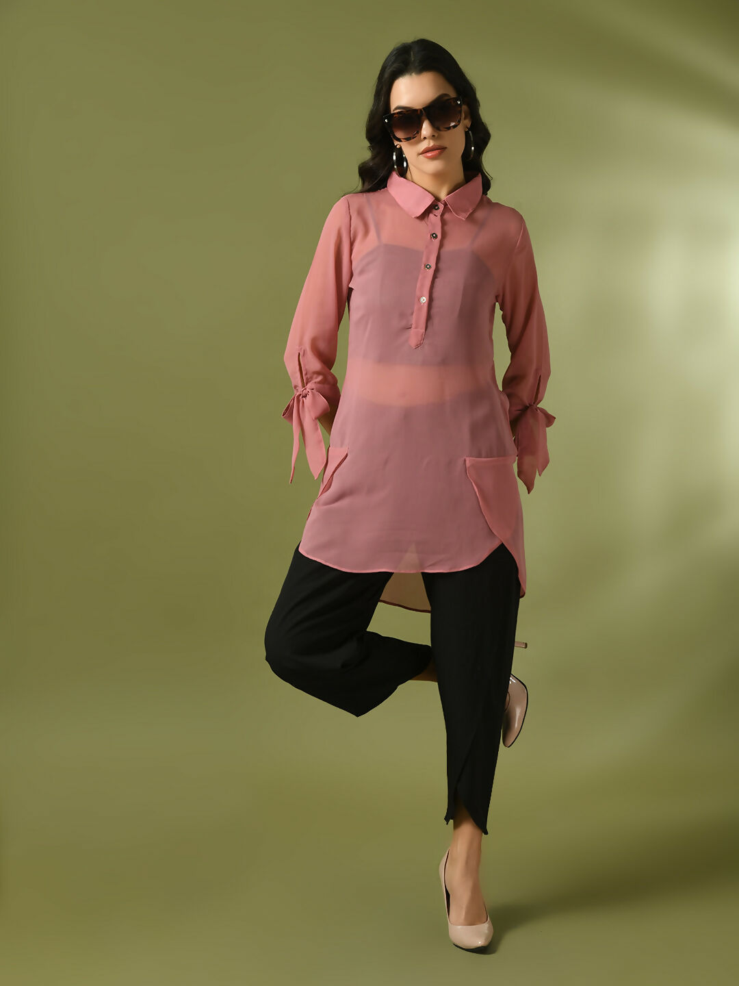Myshka Women's Pink Solid Georgette Longline Party Sheer Tunic - Distacart