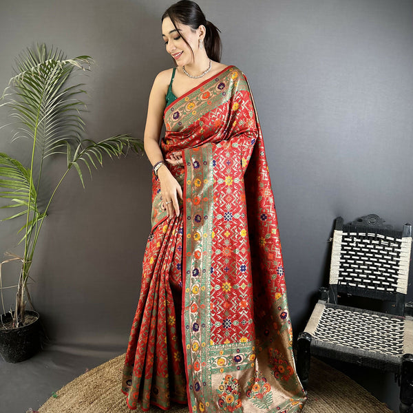 Joban Fashion Red Banarasi Soft Silk Woven Saree