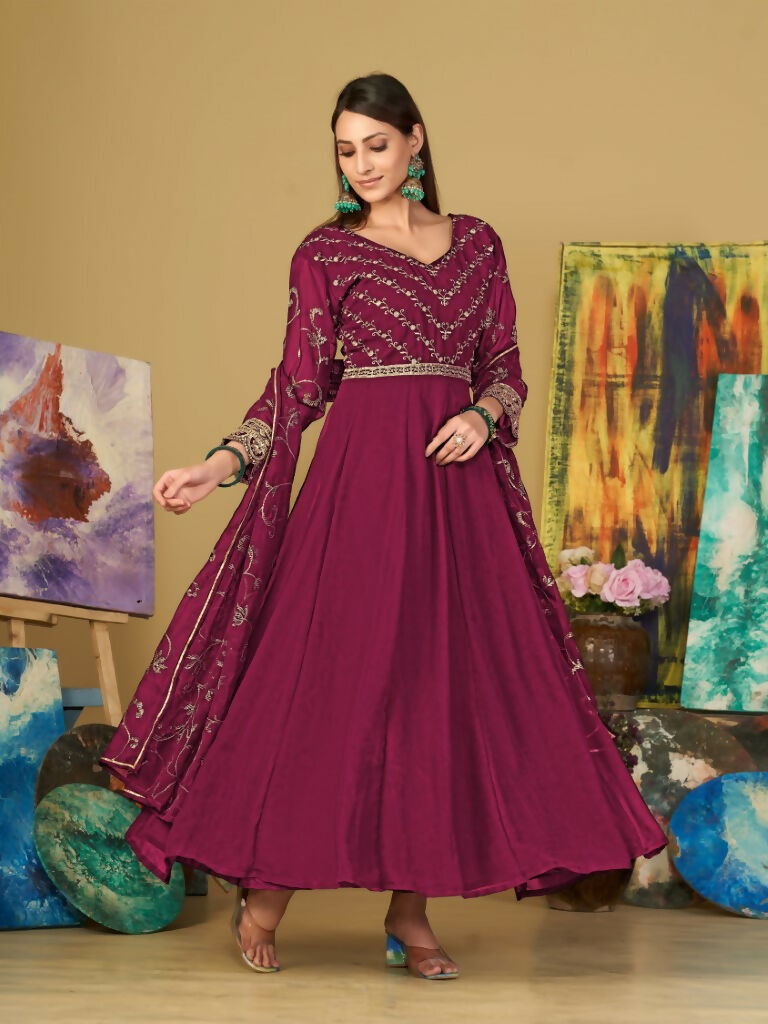 Jyoti Fashion Women's Rani Pink Georgette Embroidered Anarkali Kurta Pant Set With Dupatta - Distacart