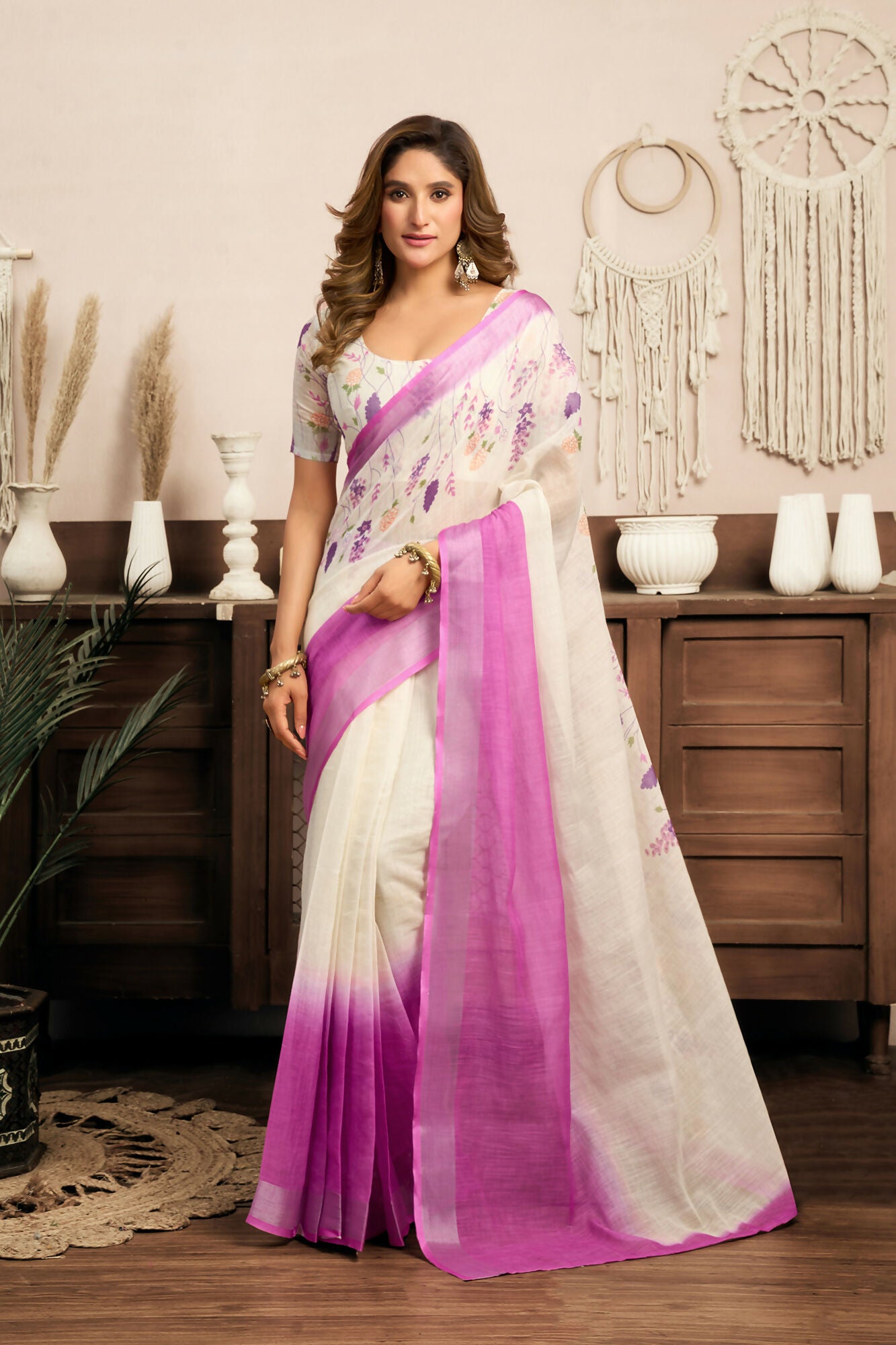 Vastranavya White Lavender Digital Printed Linen Ready To Wear Designer Saree with Unstitched Blouse - Distacart