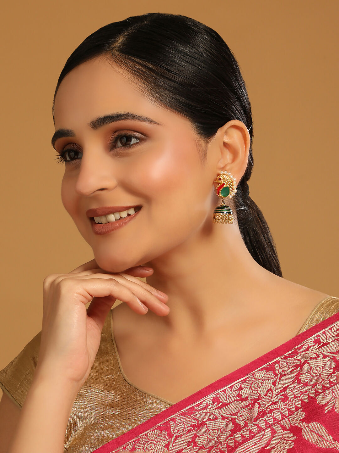 Nuyug 22K Gold Plated Pearls Studded Contemporary Shaped Enamel Jhumkas