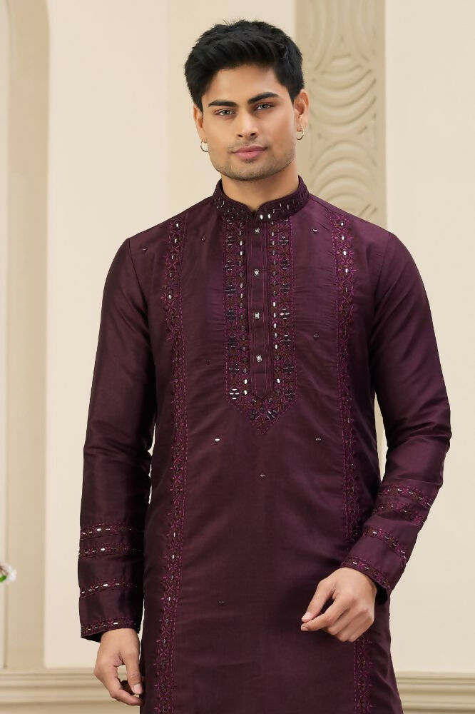 Raivat Ethnic Banarasi Art Silk Thread and Mirror Work Kurta Pajama In Wine Colour