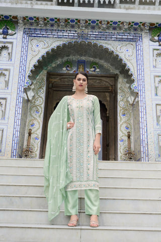 Jyoti Fashion Women's Sea Green Faux Georgette Heavy Embroidery and Moti Work Kurta Set - Distacart
