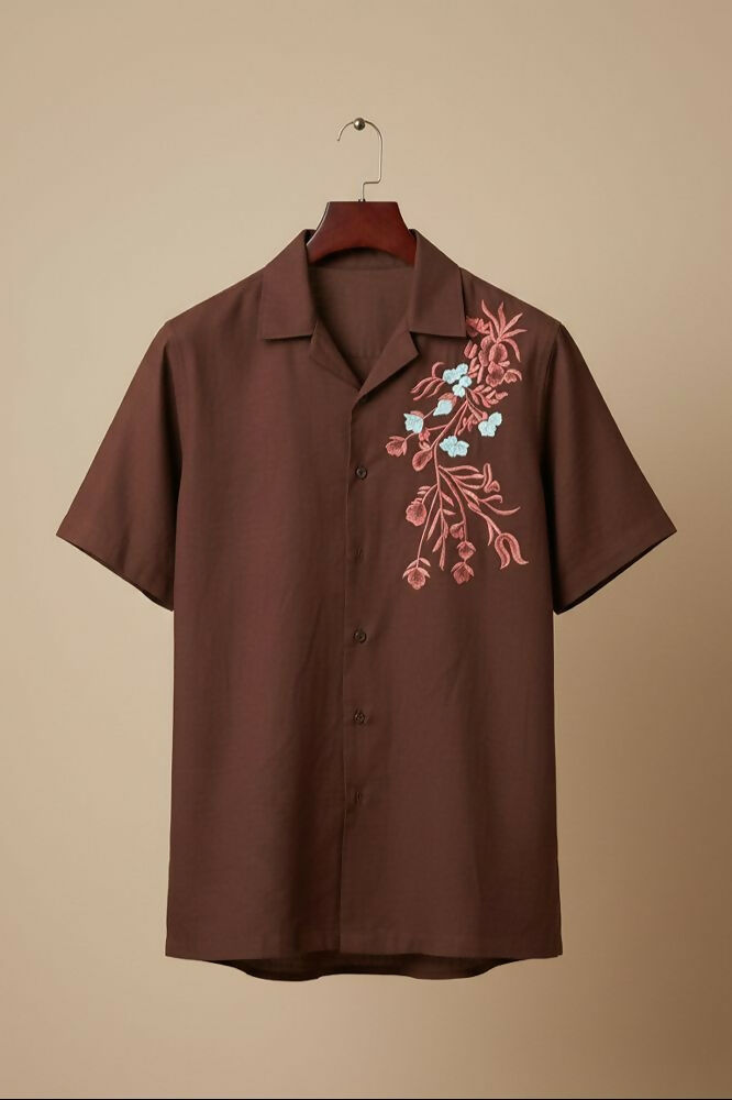 Solvra — Brown Floral Embroidered Cotton Shirt by Hilo Design - Dista
