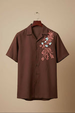 Thumbnail for Solvra — Brown Floral Embroidered Cotton Shirt by Hilo Design - Dista