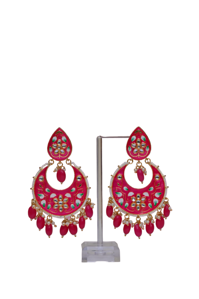 Pink Gold-Polished Brass & Pearl Dangle Women Earrings| Hand Painted Meenakari Chandbali Traditional Ethnic Wear Earrings By House of Ree - Distacart