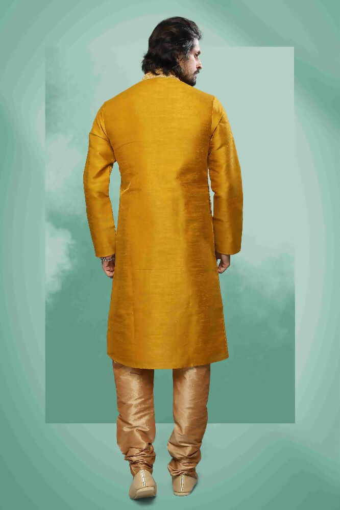 Raivat Ethnic Art Silk Mirror Embroidery Work Kurta Pajama In Mustard Colour - Dista