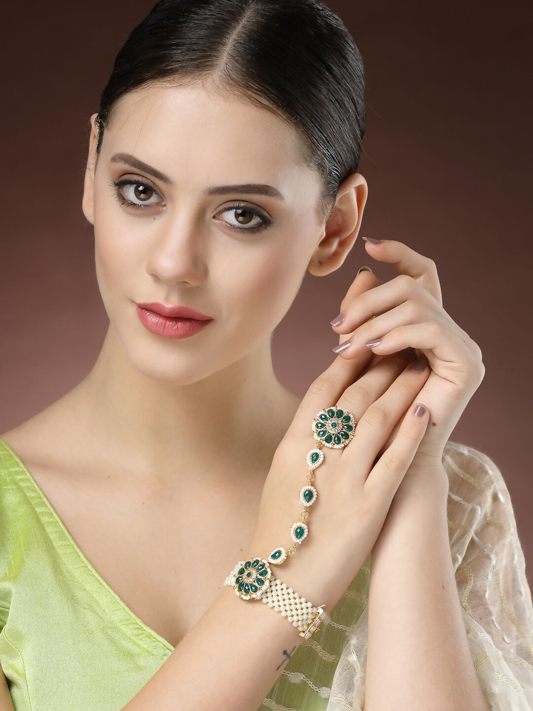NVR Women's Green Gold-Polished Stone Studded Handcrafted Ring Bracelet - Distacart