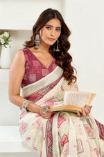 Thumbnail for Vastranavya White Maroon Digital Printed Linen Ready To Wear Designer Saree with Unstitched Blouse - Distacart