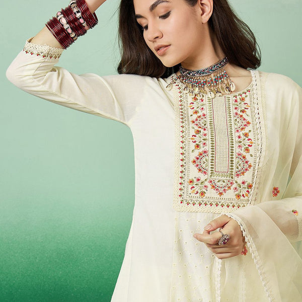 Sangria Embroidered A-Line Kurta With Trousers & Dupatta - Distacart