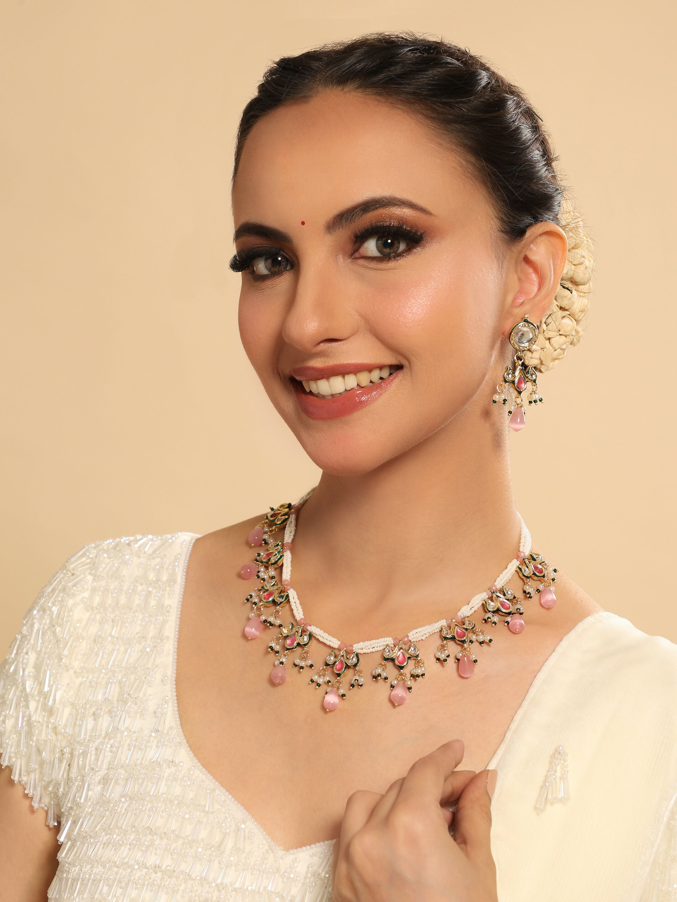 Nuyug 22K Gold Plated Pearl Empress Flora Pink Stone Drops Necklace Set