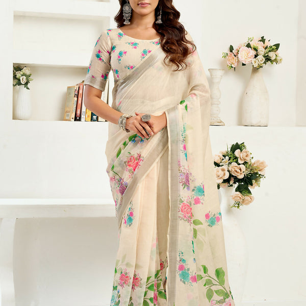 Vastranavya Cream Digital Printed Linen Ready To Wear Designer Saree with Unstitched Blouse - Distacart