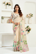 Thumbnail for Vastranavya Cream Digital Printed Linen Ready To Wear Designer Saree with Unstitched Blouse - Distacart