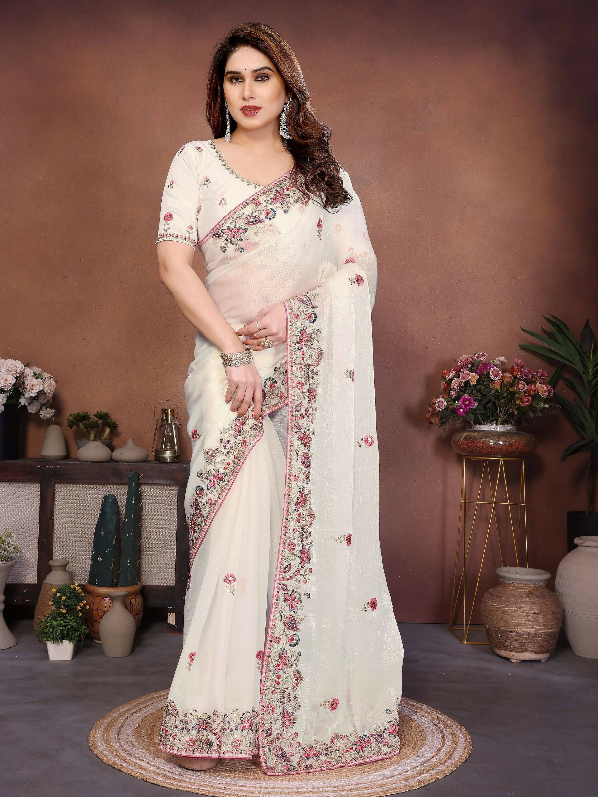 Teeya Creation New Womens Latest Party Wear Soft Chiffon Silk Saree-White - Dista