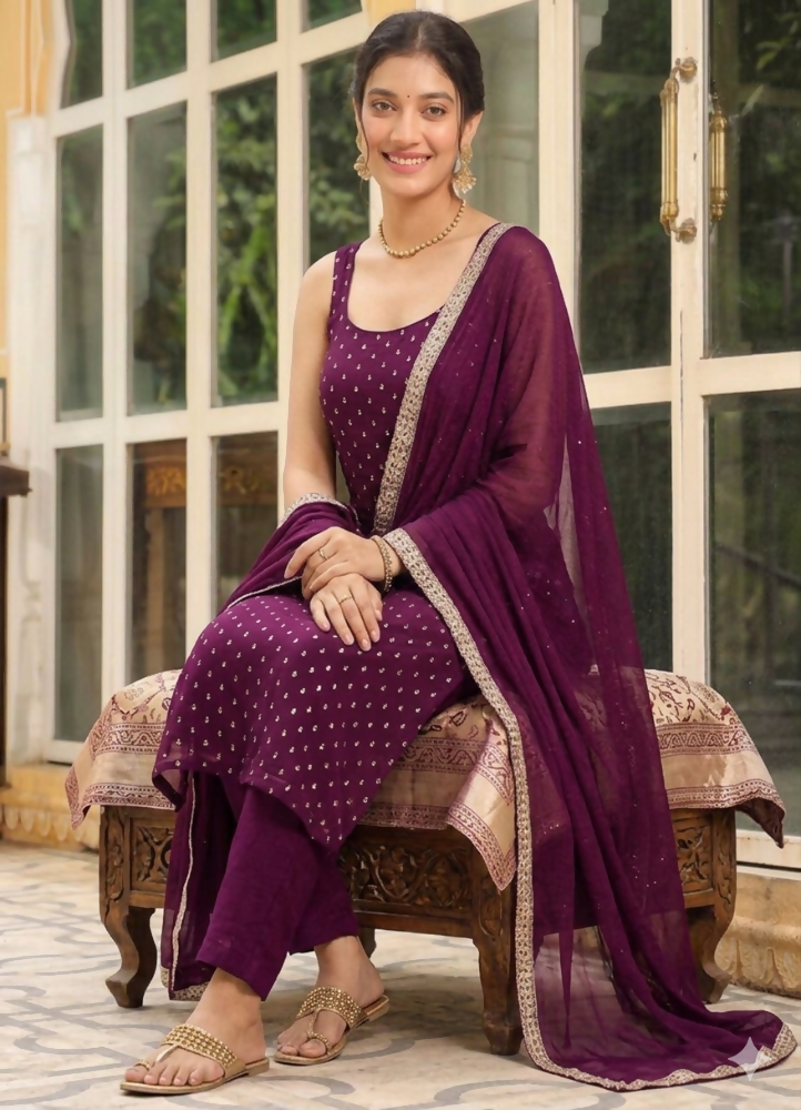 Teeya Creation Womens New Elegant Wine Embroidered Kurti with Matching Bottom Set - Dista