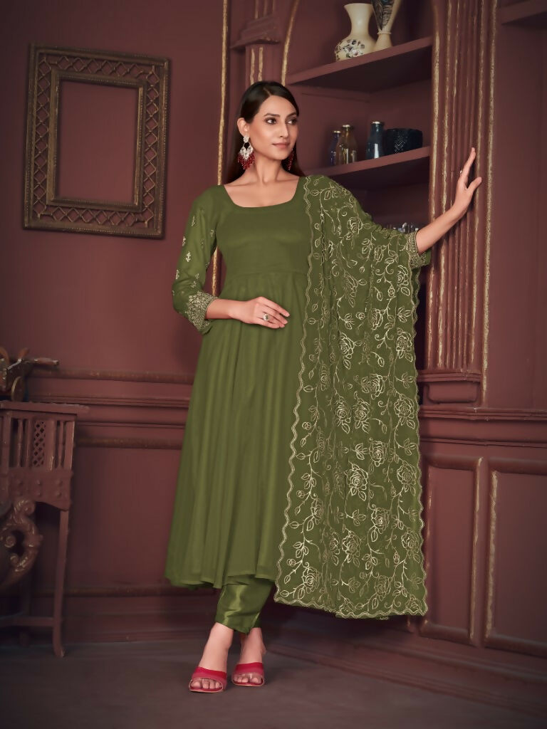 Jyoti Fashion Women's Olive Green Georgette Embroidered Anarkali Kurta Pant Set With Dupatta - Distacart