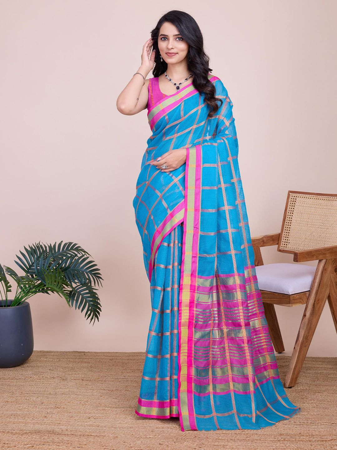 Mitera Checked Saree With Blouse Piece - Distacart