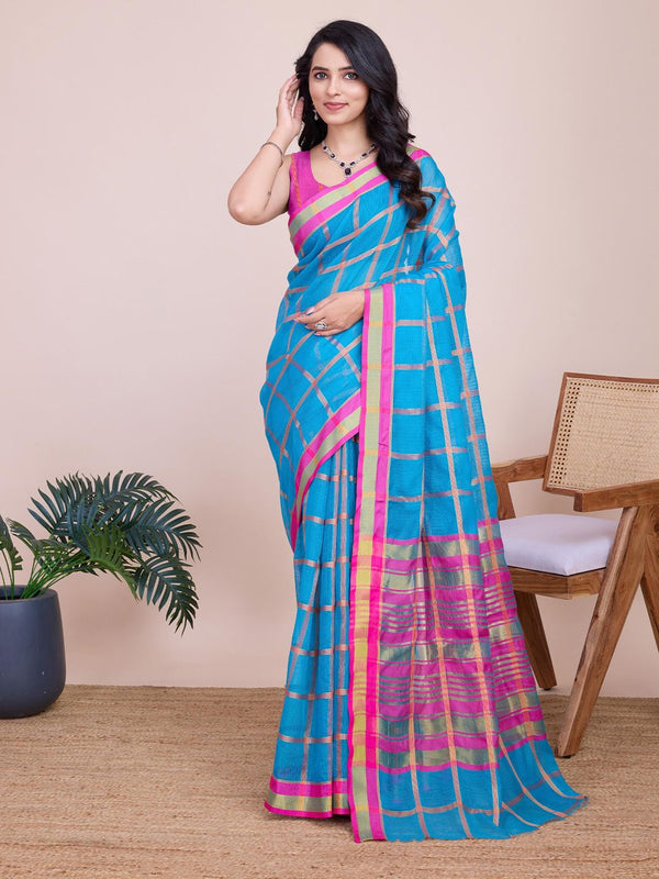 Mitera Checked Saree With Blouse Piece