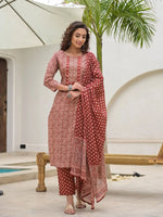 Thumbnail for Yufta Yufta Embroidered Printed Maroon Cotton Kurta Set With Dupatta Set