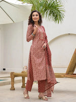 Thumbnail for Yufta Yufta Embroidered Printed Maroon Cotton Kurta Set With Dupatta Set