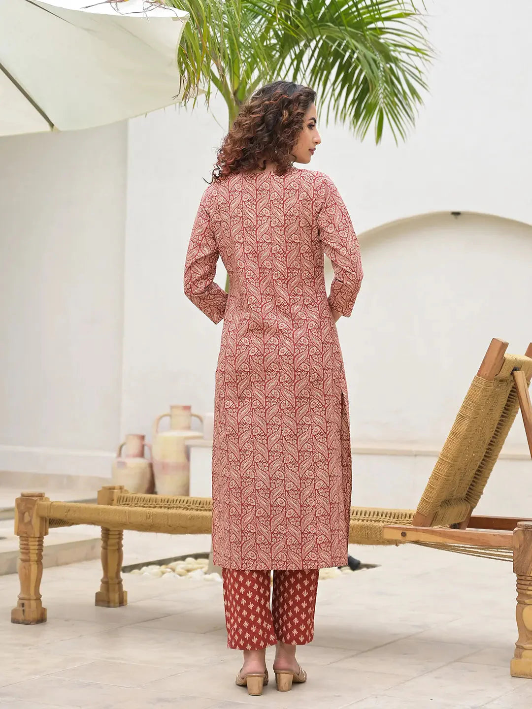 Yufta Yufta Embroidered Printed Maroon Cotton Kurta Set With Dupatta Set