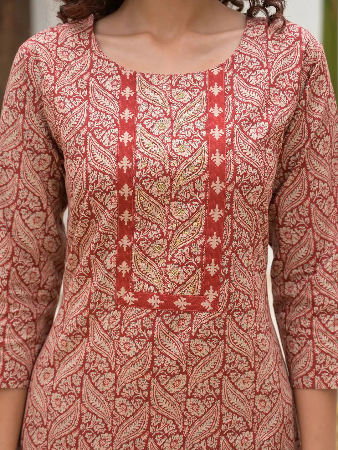 Yufta Yufta Embroidered Printed Maroon Cotton Kurta Set With Dupatta Set