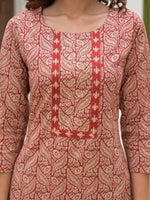 Thumbnail for Yufta Yufta Embroidered Printed Maroon Cotton Kurta Set With Dupatta Set