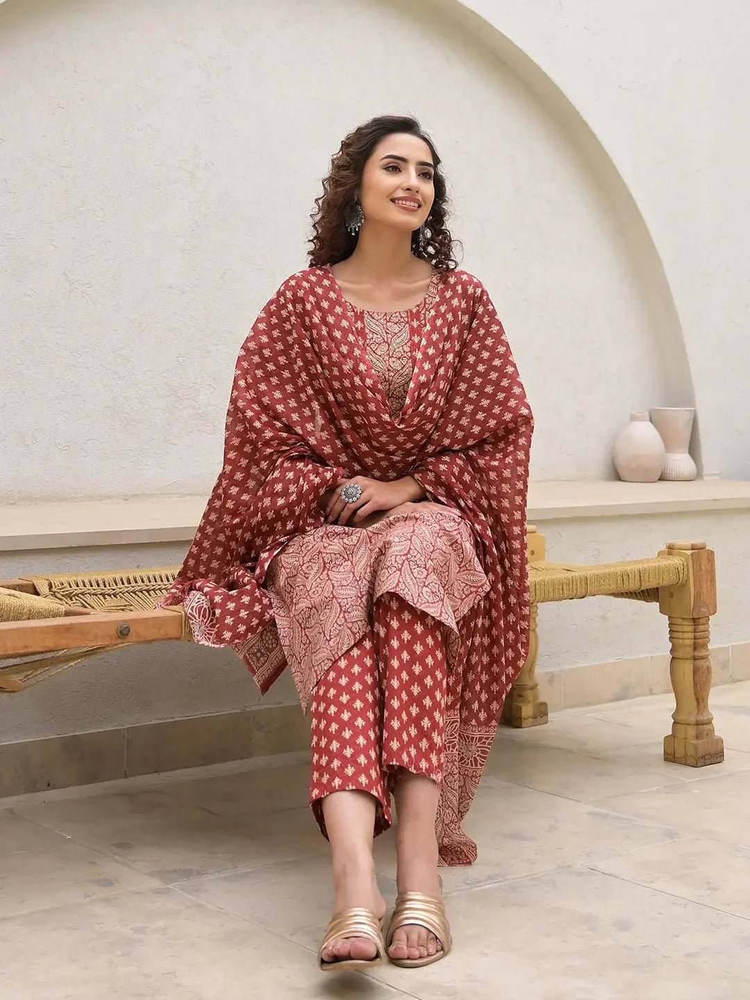Yufta Yufta Embroidered Printed Maroon Cotton Kurta Set With Dupatta Set
