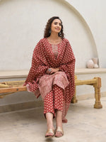 Thumbnail for Yufta Yufta Embroidered Printed Maroon Cotton Kurta Set With Dupatta Set