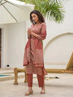 Thumbnail for Yufta Yufta Embroidered Printed Maroon Cotton Kurta Set With Dupatta Set