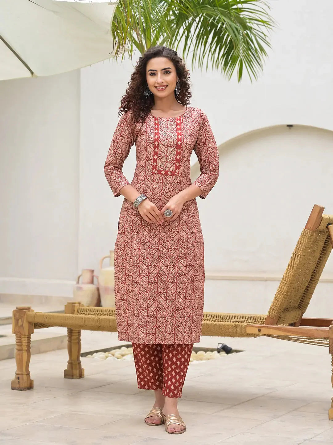Yufta Yufta Embroidered Printed Maroon Cotton Kurta Set With Dupatta Set