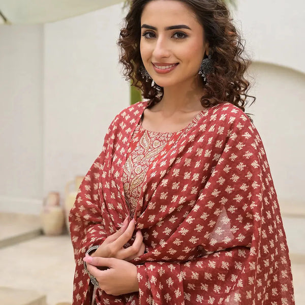 Yufta Yufta Embroidered Printed Maroon Cotton Kurta Set With Dupatta Set - Distacart