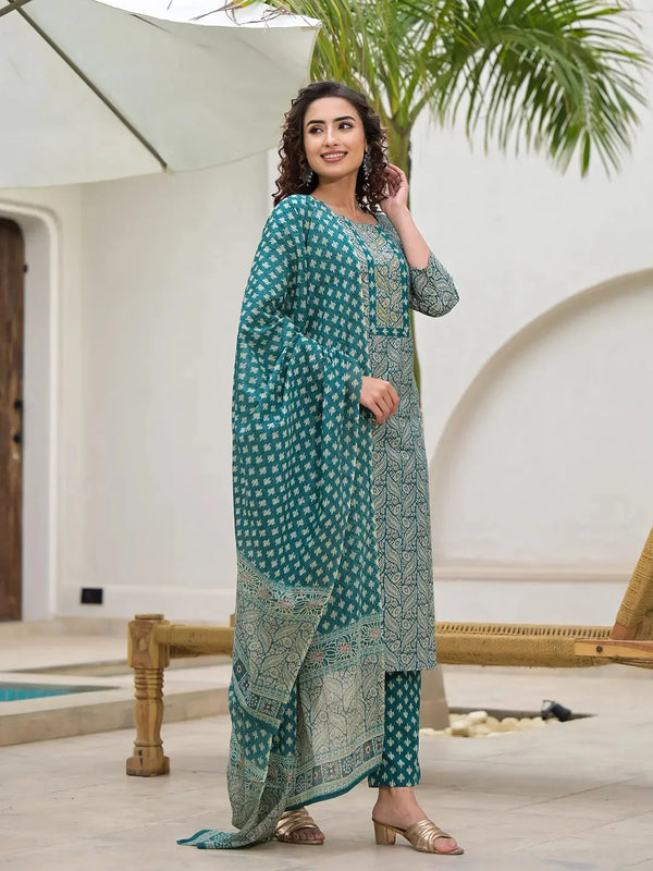 Yufta Yufta Embroidered Printed Teal Green Cotton Kurta Set With Dupatta Set