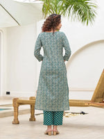 Thumbnail for Yufta Yufta Embroidered Printed Teal Green Cotton Kurta Set With Dupatta Set