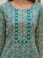 Thumbnail for Yufta Yufta Embroidered Printed Teal Green Cotton Kurta Set With Dupatta Set