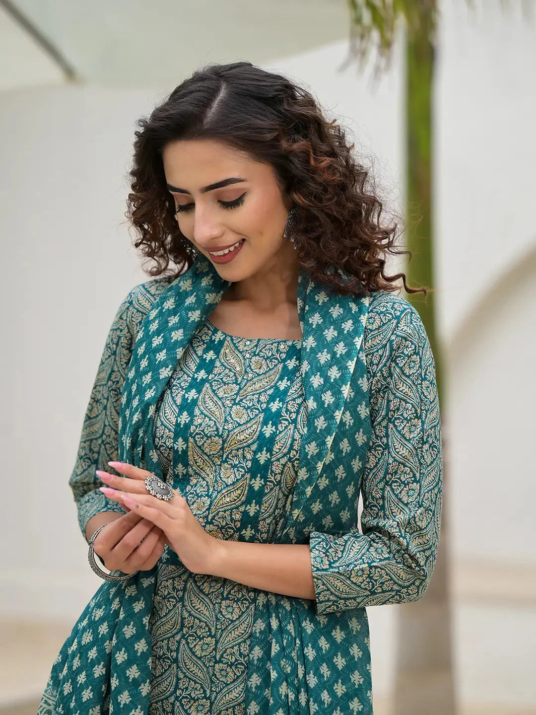 Yufta Yufta Embroidered Printed Teal Green Cotton Kurta Set With Dupatta Set